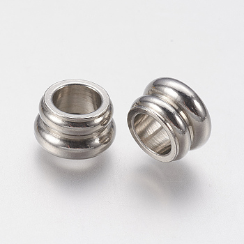 201 Stainless Steel European Beads, Large Hole Beads, Grooved, Rondelle, Stainless Steel Color, 10x6mm, Hole: 5mm
