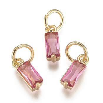 Brass Micro Pave Cubic Zirconia Charms, Cadmium Free & Lead Free, Long-Lasting Plated, with Jump Ring, Real 18K Gold Plated, Rectangle, Hot Pink, 10x3x3mm, Hole: 3mm