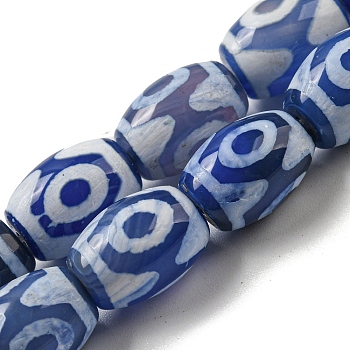 Blue Tibetan Style dZi Beads Strands, Dyed Natural Agate Beads Strands, Rice, Hexagon, 13.5~14x10~10.5mm, Hole: 1mm, about 25pcs/strand, 13.58 inch(34.5cm)