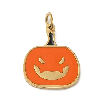 Halloween 304 Stainless Steel Charms, with Enamel and Jump Ring, Real 14K Gold Plated, Pumpkin Charm, Dark Orange, 14x12x0.8mm, Hole: 2.5mm