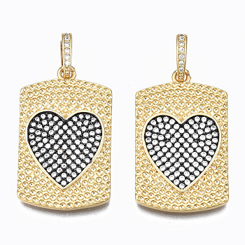 Brass Micro Pave Clear Cubic Zirconia Pendants, Nickel free, Rectangle with Heart, Real 16K Gold Plated, 29x18x2mm, Hole: 5x6mm