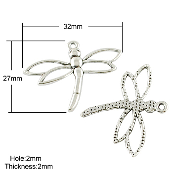 Tibetan Style Alloy Pendants, Cadmium Free & Lead Free, Dragonfly, Antique Silver, 27x32x2mm, Hole: 2mm