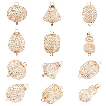 Elite 12Pcs 6 Styles Iron Bead Cage Connector Charms, with Resin Beads Inside, Hollow Lantern Link, Round & Teardrop & Column & Oval, Mixed Shapes, Light Gold, 35~64.5x24~30mm, Hole: 4.5mm, 2pcs/style