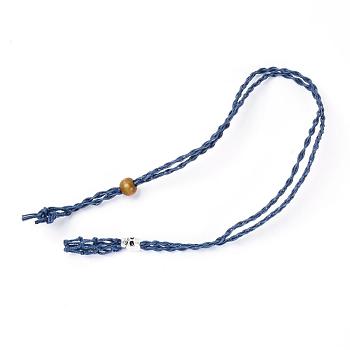 Adjustable Braided Waxed Cord Macrame Pouch Necklace Making, Interchangeable Stone, with Wood Beads & Alloy Pipe Beads, Midnight Blue, 17-3/8~18-1/2 inch(44~47cm)