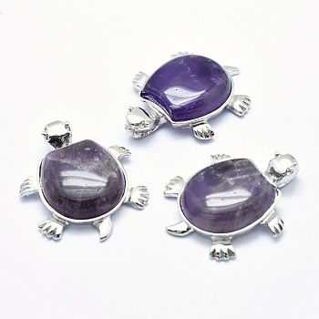Natural Amethyst Pendant, with Alloy Findings, Tortoise, Platinum, 38x30.5x8.2mm, Hole: 3x4.5mm