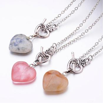 Natural & Synthetic Mixed Stone Pendant Necklaces, Heart, with Brass Cable Chains and Alloy Clasps, Mixed Color, 17.13 inch