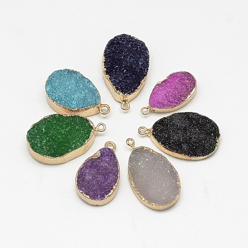 Natural Druzy Agate Pendants, Dyed, teardrop, with Golden Tone Brass Findings, Mixed Color, 27~35x17~21x5~12mm, Hole: 1~2mm