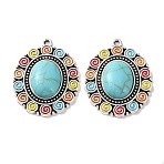 Bohemia Tibetan Style Alloy & Enamel & Synthetic Turquoise Pendants, Oval Charms, Antique Silver, Colorful, 34x27x6mm, Hole: 1.5mm(FIND-T074-03AS)