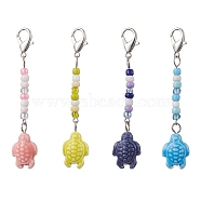 Ocean Themed 4Pcs 4 Colors Handmade Porcelain Pendant Decorations, with Glass Seed Beads and Zinc Alloy Lobster Claw Clasps, Tortoise, Mixed Color, 73mm, 1pc/color, 4pcs/set(HJEW-JM01697)