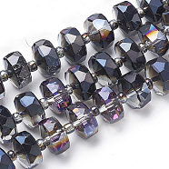 Electroplat Glass Beads Strands, Rainbow Plated, Faceted, Rondelle, Black, 10x6.5mm, Hole: 1.2mm, about 60pcs/strand, 18.9 inch(EGLA-Q092-10mm-D02)