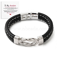 Word Love You Forever Stainless Steel Interlocking Knot Link Bracelet, Braided Leather Wristband Gifts for Grandson, Black, 8-7/8 inch(22.5cm)(JB753A)
