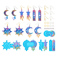 Pandahall 5Pcs 5 Style Moon Phase & Star Pendant Silicone Molds, with Brass Earring Hooks & Jump Rings & Plastic Ear Nuts, Deep Sky Blue, 33~105.5x47~71x4mm, 1Pc/style(DIY-TA0004-98)