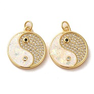 Brass Micro Pave Cubic Zirconia with Synthetic Opal Pendants, with Jump Ring, Flat Round with Yin-yang, Real 18K Gold Plated, 20.5x18x3mm(KK-D096-12G)
