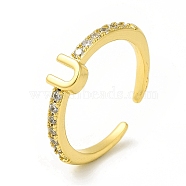Clear Cubic Zirconia Initial Letter Open Cuff Ring, Real 18K Gold Plated Brass Jewelry for Women, Cadmium Free & Nickel Free & Lead Free, Letter.U, US Size 7 3/4(17.9mm)(RJEW-H120-09G-U)