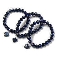 8.5mm Round Natural Lapis Lazuli Dyed Beaded Stretch Bracelets, Heart Charm Bracelets with Brass Bails for Women, Inner Diameter: 2-1/8 inch(5.5cm)(BJEW-C074-01K)