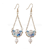 Natural Pearl & Glass Teardrop with Flower Dangle Earrings, Golden Brass Jewelry for Women, Deep Sky Blue, 74mm, Pin: 0.5mm(EJEW-TA00222-01)