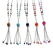 304 Stainless Steel Pendant Necklaces, with Cable Chains and Natural & Synthetic Gemstone Round Beads, Stainless Steel Color, 13.97 inch(35.5cm)(NJEW-H210-G-P)