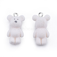 Opaque Resin Pendants, with Platinum Tone Iron Loops, Flocky Bear Charms, White, 30x16x11mm, Hole: 2.5mm(RESI-T053-14)