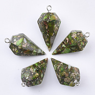 Synthetic Gold Line Regalite/Imperial Jasper/Sea Sediment Jasper Pointed Pendants, with Platinum Plated Iron Findings, Dyed, Cone Pendulum, Light Green, 43~44x23.5x20~21.5mm, Hole: 3mm(G-S329-081D)