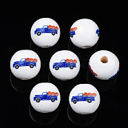 Autumn Theme Printed Natural Wood Beads, Round with Car with Pumpkin & Truck, Dark Blue, 15.5x14.5mm, Hole: 4mm(WOOD-S057-093)