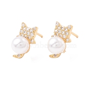 Cubic Zirconia Cat Stud Earrings with Acrylic Pearl, Brass Jewelry for Women, Lead Free & Cadmium Free, Real 18K Gold Plated, 12.5x7.5mm, Pin: 0.8mm(EJEW-F282-47G)