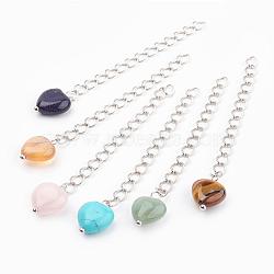 Brass Chain Extender, with Gemstone Beads, Heart, Platinum, 73x4mm, Heart: 15x10x5mm(FIND-JF00084)