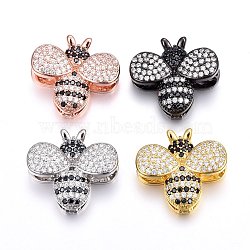 Brass Micro Pave Cubic Zirconia Slide Charms, Long-Lasting Plated, Cadmium Free & Nickel Free & Lead Free, Bees, Black & Clear, Mixed Color, 22x23x6.5mm, Hole: 3x11mm(ZIRC-G147-17-NR)