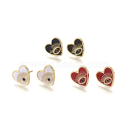 Brass Enamel Stud Earrings, Heart with Evil Eye, Golden, Mixed Color, 13x14x2mm, Pin: 1mm(EJEW-L224-42G)