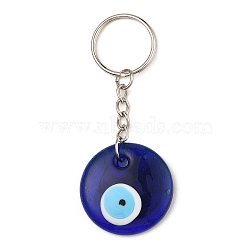 Handmade Evil Eye Lampwork Pendant Keychains, 304 Stainless Steel Split Key Rings, Flat Round, Dark Blue, 8.7cm(KEYC-JKC00982)