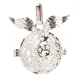 Rack Plating Brass Cage Pendants, For Chime Ball Pendant Necklaces Making, Hollow Round with Wing, Silver Color Plated, 26.5x29.5x20mm, Hole: 5x7mm, inner measure: 17mm(KK-S751-048S)
