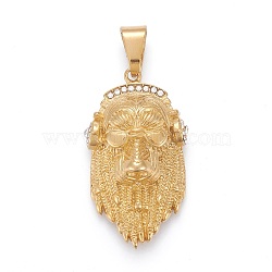 304 Stainless Steel Pendants, with Crystal Rhinestone, Lion Head, Golden, 47.5x27x14mm, Hole: 6.5x12mm(STAS-I163-059G)