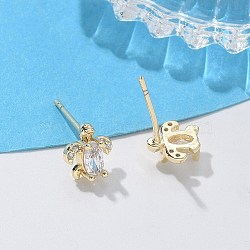 Brass & Clear Cubic Zirconia & Glass Stud Earrings, Tortoise, Real 18K Gold Plated, 7.5x7.5mm(EJEW-Q014-15G)