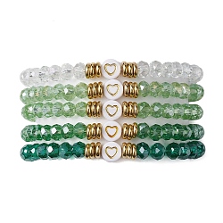 5Pcs Glass & Brass & Acrylic Beaded Stretch Bracelets Set, Heart Stackable Bracelets, Light Green, Inner Diameter: 2-1/8 inch(5.4cm)(BJEW-JB09677-04)