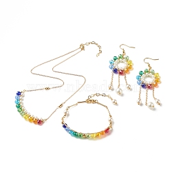 Natural Shell Pearl & Faceted Glass Beads Jewelry Set for Teen Girl Women, Colorful Pendant Necklace & Beaded Bracelet & Ring with Tassel Dangle Earrings with Brass Findings, Golden, Colorful, 16-1/2 inch(42cm), 6-1/4 inch(16cm), 89~90mm, Pin: 0.6mm(SJEW-TA00003)