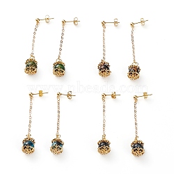 Dangle Stud Earrings, with Gold Sand Lampwork Beads, 304 Stainless Steel Stud Earrings Findings, Brass Ear Nuts & Cable Chains, Round, Golden, Mixed Color, 65mm, Pin: 0.8mm(EJEW-JE04439)