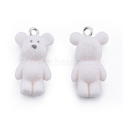 Opaque Resin Pendants, with Platinum Tone Iron Loops, Flocky Bear Charms, White, 30x16x11mm, Hole: 2.5mm(RESI-T053-14)