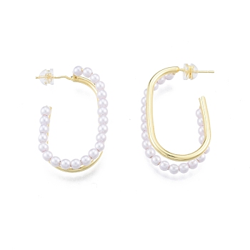 ABS Plastic Imitation Pearl Oval Stud Earrings, Brass Half Hoop Earrings for Women, Real 18K Gold Plated, 35x20.5x7mm, Pin: 0.8mm
