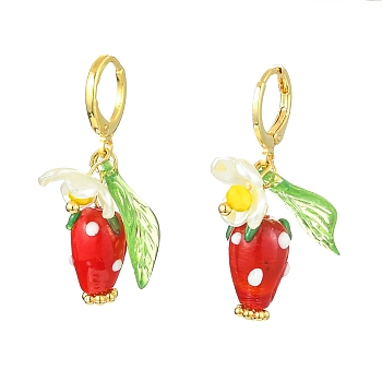 Lampwork Strawberry with Plastic Pearl Flower Dangle Leverback Earring, Gold Plated Brass Drop Earrings for Women, Colorful, 36mm, Pin: 1x0.8mm