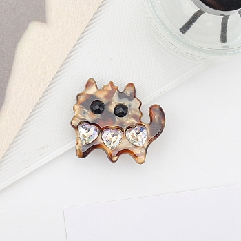 Cute Cat Shape Cellulose Acetate(Resin) Alligator Hair Clips, Rhinestones Hair Accessories for Girls, Saddle Brown, 45x40x15mm