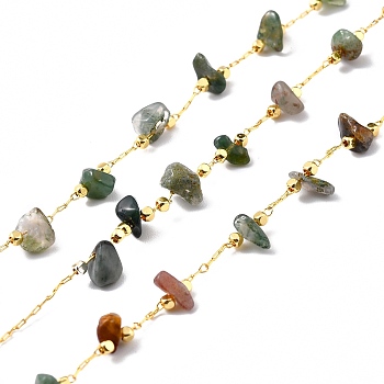 Natural Indian Agate Chips Beaded Chains, with Golden Brass Findings, Long-Lasting Plated, Soldered, with Spool, 4~14x4~11x2~7mm, about 3.28 Feet(1m)/Box