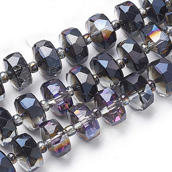 Electroplat Glass Beads Strands, Rainbow Plated, Faceted, Rondelle, Black, 10x6.5mm, Hole: 1.2mm, about 60pcs/strand, 18.9 inch