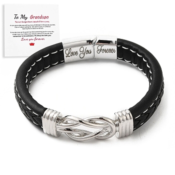 Word Love You Forever Stainless Steel Interlocking Knot Link Bracelet, Braided Leather Wristband Gifts for Grandson, Black, 8-7/8 inch(22.5cm)