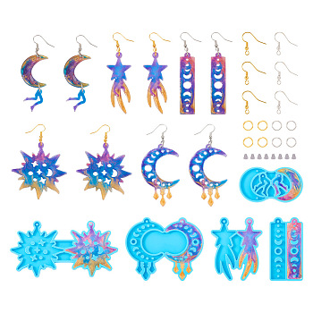 Pandahall 5Pcs 5 Style Moon Phase & Star Pendant Silicone Molds, with Brass Earring Hooks & Jump Rings & Plastic Ear Nuts, Deep Sky Blue, 33~105.5x47~71x4mm, 1Pc/style