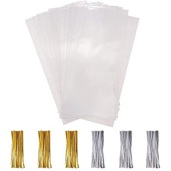 Rectangle OPP Cellophane Bags, with Plastic Iron Core Wire Twist Ties, Clear, 25x15cm