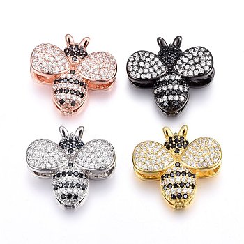 Brass Micro Pave Cubic Zirconia Slide Charms, Long-Lasting Plated, Cadmium Free & Nickel Free & Lead Free, Bees, Black & Clear, Mixed Color, 22x23x6.5mm, Hole: 3x11mm