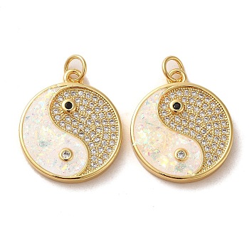 Brass Micro Pave Cubic Zirconia with Synthetic Opal Pendants, with Jump Ring, Flat Round with Yin-yang, Real 18K Gold Plated, 20.5x18x3mm