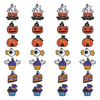 28Pcs 7 Style Halloween Alloy Enamel Pendants, Ghost Pumpkin & Pumpkin House & Candy with Eye, Gunmetal, 26x22mm, 4pcs/style