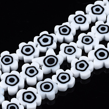 Handmade Lampwork Beads Strands, Flower with Evil Eye, Snow, 7~9x7~9x3mm, Hole: 0.8mm, about 50~52pcs/strand, 14.57 inch~15.35 inch(37~39cm)