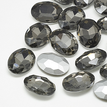 Pointed Back Glass Rhinestone Cabochons, Back Plated, Faceted, Oval, Black Diamond, 8x6x3mm