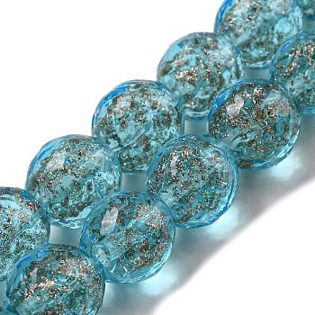 Handmade Gold Sand Lampwork Beads Strands, Faceted, Round, Deep Sky Blue, 11.5~12x12~12.5mm, Hole: 1.5~1.8mm, about 40pcs/strand, 18.90 inch(48cm)
